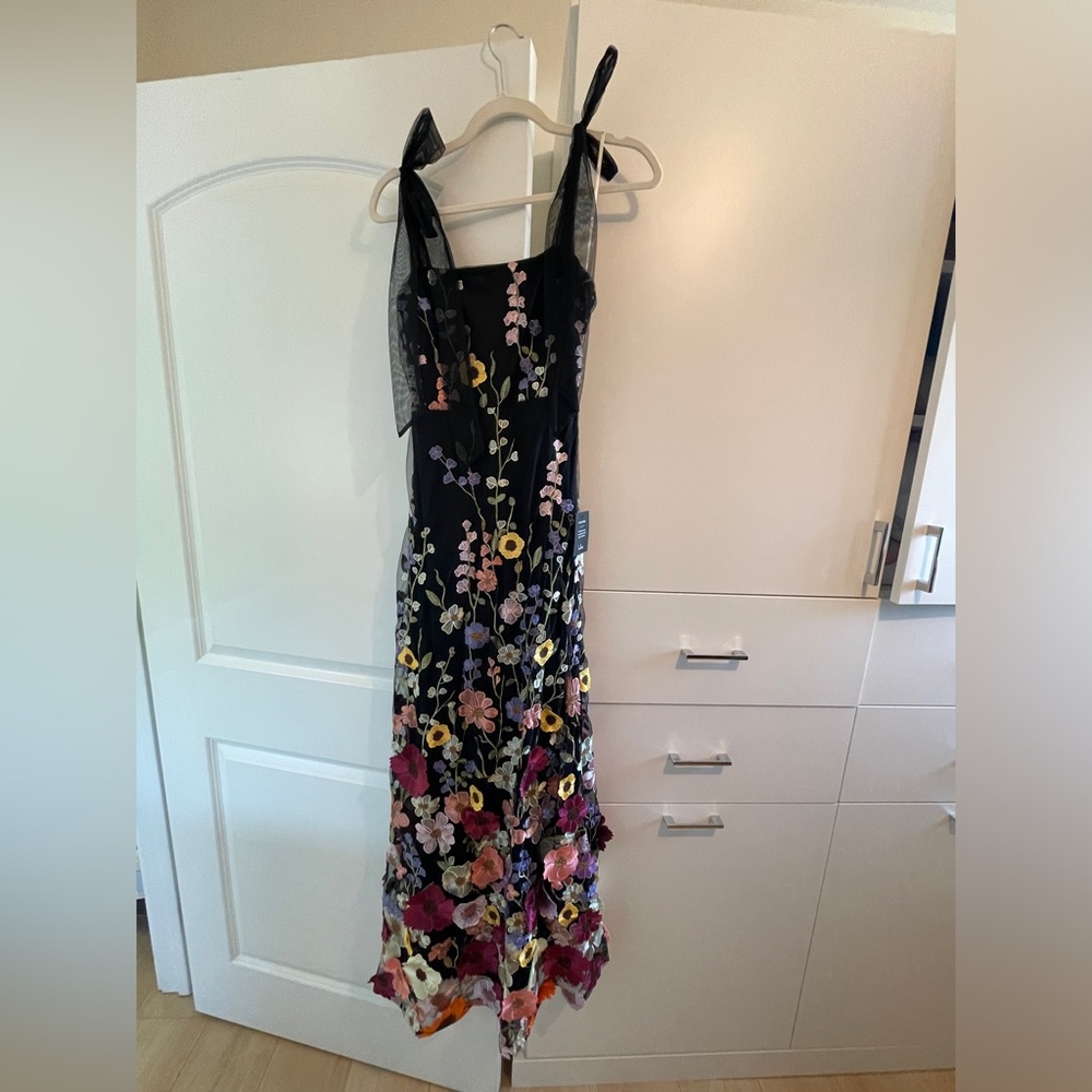 Black 3D Floral Embroidered Tie-Strap Maxi Dress